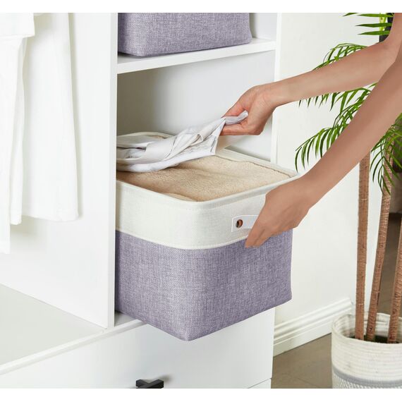 DECOMOMO Faltbarer Aufbewahrungskorb | Faltbarer stabiler Stoffkorb mit Griffen für die Organisation von Regal, Kinderzimmer, Spielzeugschrank (lila und weiß, groß – 3 Stück)