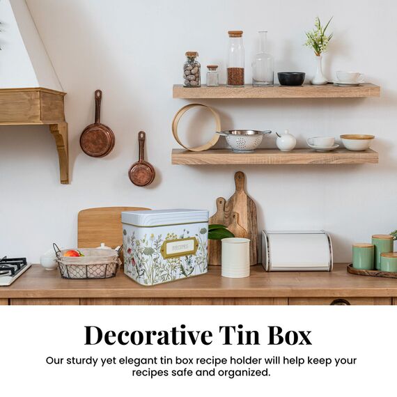 SENSORY4U Rezeptbox aus Blech mit Karten – Wildblumen-Druck – inklusive 100 Karten im Format 10 x 15 cm und 12 Trennblätter – schöne dekorative Blechdose Blumengeschenk