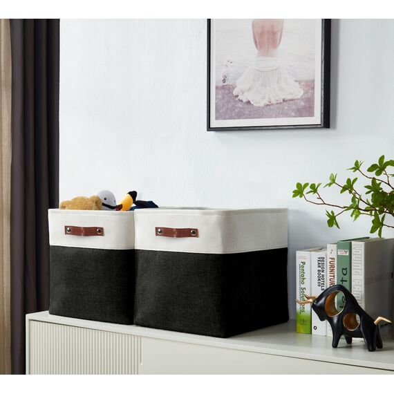 DECOMOMO Faltbarer Aufbewahrungskorb | stabiler kationischer Stoff-Aufbewahrungskorb mit Griffen für die Organisation von Regal, Kinderzimmer, Zuhause, Schrank (schwarz und weiß, Würfel – 11 x 11–4