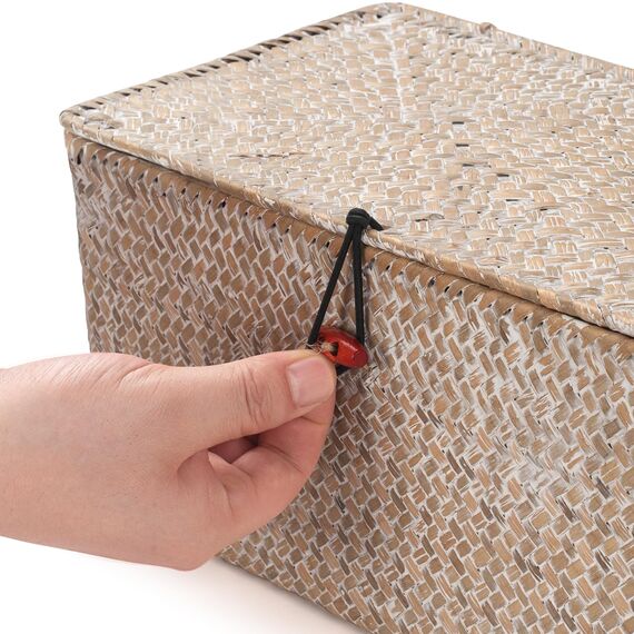 Seegras Aufbewahrungskorb mit Deckel, 4er Set – Rechteckige geflochtene Körbe aus Naturmaterial, Aufbewahrungsboxen in Weiß, dekorative Rattanstil Körbe