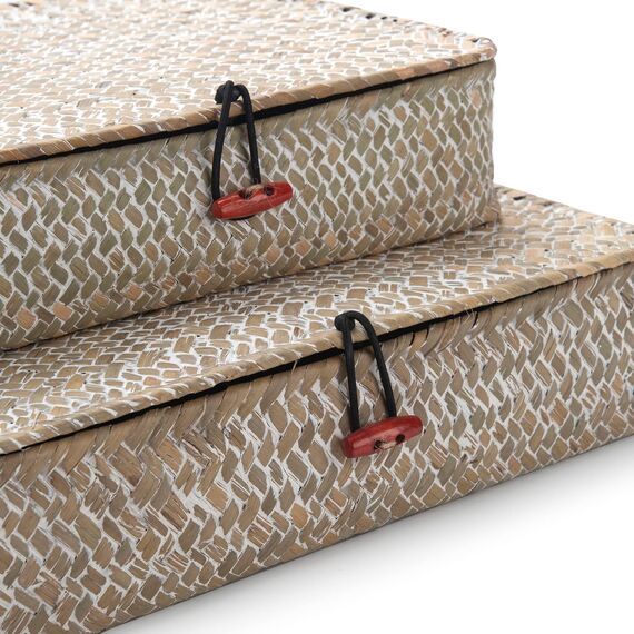 Rechteckig Rattankorb Aufbewahrung korb Natürliches Gewebt Seegras Regalkörbe mit Deckel 2 Stück (Weißwäsche Groß + Klein)