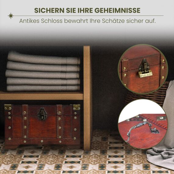 Brynnberg Schatztruhe groß mit Schloss 28x17x16cm Koffertruhe Holztruhe Schatzkiste Vintage-Look Piraten Schatzsuche Holz massiv braun Kolonialstil Schatulle Bauernkasse Holz Piratentruhe Geldtruhe