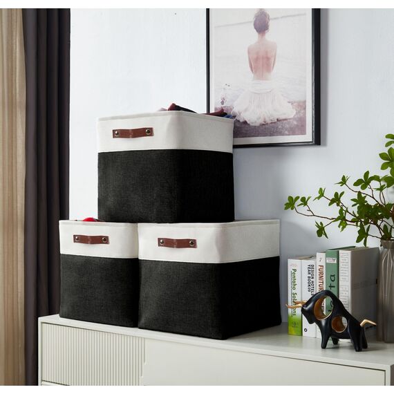 DECOMOMO Faltbarer Aufbewahrungskorb | stabiler kationischer Stoff-Aufbewahrungskorb mit Griffen für die Organisation von Regal, Kinderzimmer, Zuhause, Schrank (schwarz und weiß, Würfel – 11 x 11–4