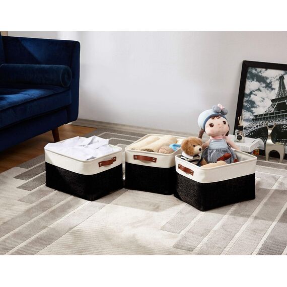 DECOMOMO faltbare Aufbewahrungskorb | robuster Stoffkorb mit Griffen für die Organisation von Regal, Kinderzimmer, Spielzeug, Schrank (Schwarz und Weiß, groß–3 Stück)