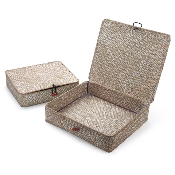 Rechteckig Rattankorb Aufbewahrung korb Natürliches Gewebt Seegras Regalkörbe mit Deckel 2 Stück (Weißwäsche Groß + Klein)