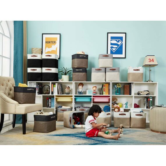 DECOMOMO Faltbarer Aufbewahrungskorb | stabiler kationischer Stoff-Aufbewahrungskorb mit Griffen für die Organisation von Regal, Kinderzimmer, Zuhause, Schrank (schwarz und weiß, Würfel – 11 x 11–4