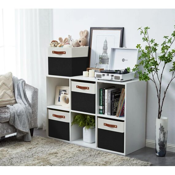 DECOMOMO Faltbarer Aufbewahrungskorb Stabiler kationischer Stoff-Aufbewahrungskorb mit Griffen für die Organisation von Regalen, Kinderzimmer (Schwarz and Weiß, 33cm – 4 Stück)