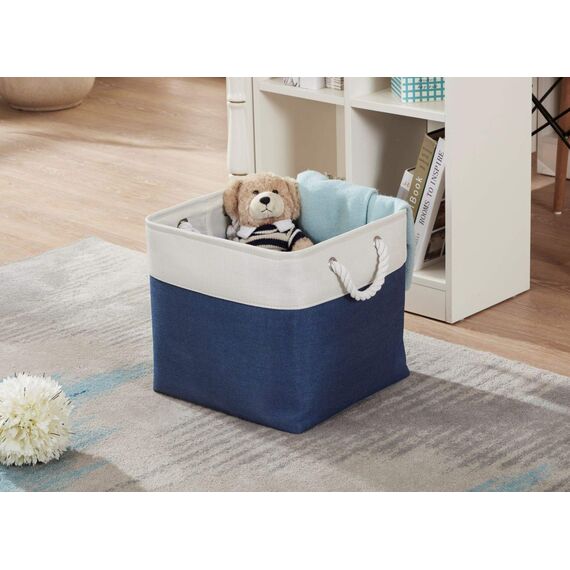 DECOMOMO faltbare Aufbewahrungskorb | robuster Stoffkorb mit Griffen für die Organisation von Regal, Kinderzimmer, Spielzeug, Schran ( Marineblau und Weiß, 33cm - 3er Pack)