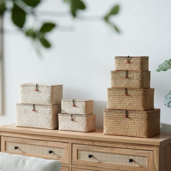 Seegras Aufbewahrungskorb mit Deckel, 4er Set – Rechteckige geflochtene Körbe aus Naturmaterial, Aufbewahrungsboxen in Weiß, dekorative Rattanstil Körbe