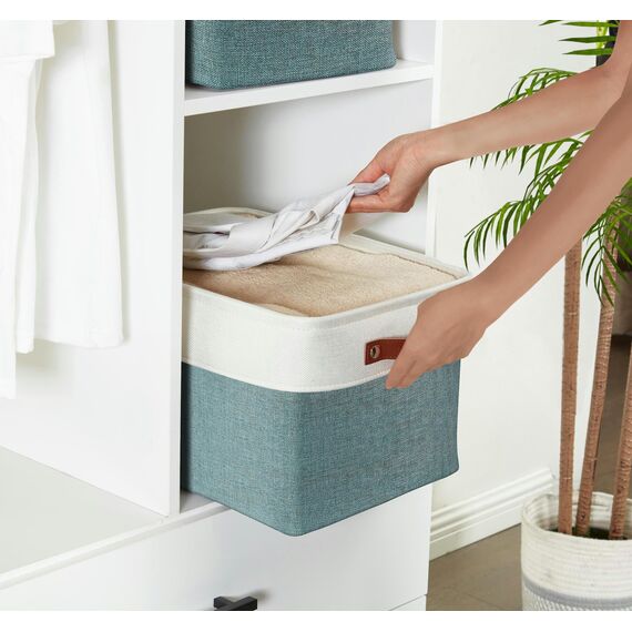 DECOMOMO Faltbarer Aufbewahrungskorb | Stabiler kationischer Stoff-Aufbewahrungskorb mit Griffen für die Organisation von Regal, Kinderzimmer, Zuhause, Schrank, Büro (grün und weiß, groß–3 Stück)