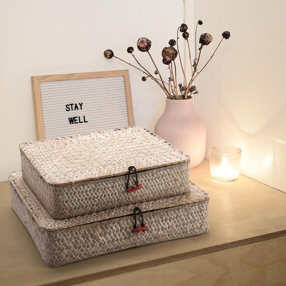 Rechteckig Rattankorb Aufbewahrung korb Natürliches Gewebt Seegras Regalkörbe mit Deckel 2 Stück (Weißwäsche Groß + Klein)