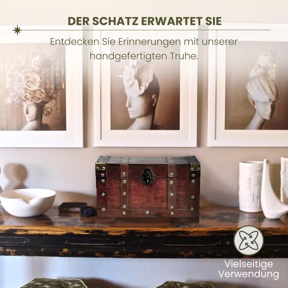 Brynnberg Schatztruhe groß mit Schloss 28x17x16cm Koffertruhe Holztruhe Schatzkiste Vintage-Look Piraten Schatzsuche Holz massiv braun Kolonialstil Schatulle Bauernkasse Holz Piratentruhe Geldtruhe