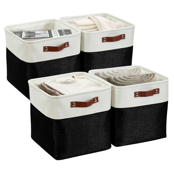 DECOMOMO Faltbarer Aufbewahrungskorb | stabiler kationischer Stoff-Aufbewahrungskorb mit Griffen für die Organisation von Regal, Kinderzimmer, Zuhause, Schrank (schwarz und weiß, Würfel – 11 x 11–4