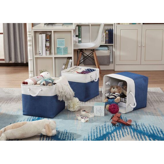DECOMOMO faltbare Aufbewahrungskorb | robuster Stoffkorb mit Griffen für die Organisation von Regal, Kinderzimmer, Spielzeug, Schran ( Marineblau und Weiß, 33cm - 3er Pack)