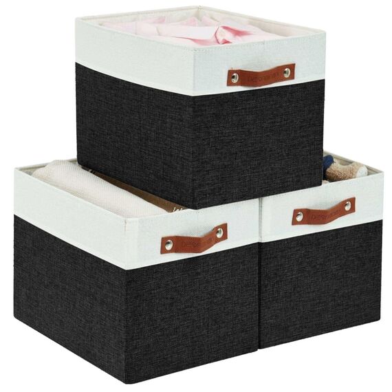 DECOMOMO Cubby Aufbewahrungskörbe | Stoff-Aufbewahrungswürfel für Kallax-Regale, Stoff Kinderzimmer dekorativ mit Griffen (Schwarz und Weiß, Kallax - 38,1 cm L X 33 cm B X 33 cm H - 3 Stück)