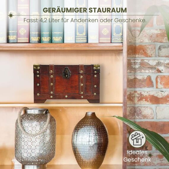 Brynnberg Schatztruhe groß mit Schloss 28x17x16cm Koffertruhe Holztruhe Schatzkiste Vintage-Look Piraten Schatzsuche Holz massiv braun Kolonialstil Schatulle Bauernkasse Holz Piratentruhe Geldtruhe