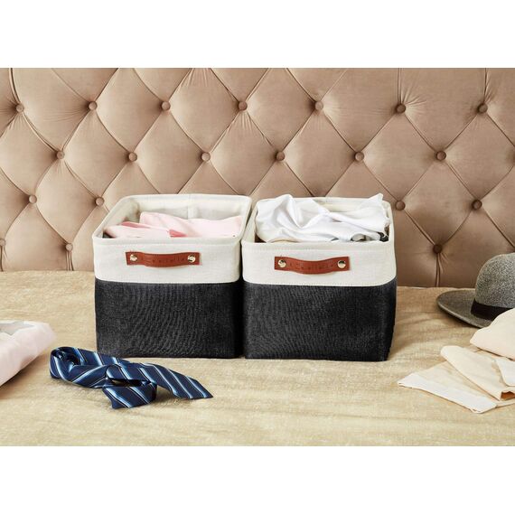 DECOMOMO faltbare Aufbewahrungskorb | robuster Stoffkorb mit Griffen für die Organisation von Regal, Kinderzimmer, Spielzeug, Schrank (Schwarz und Weiß, groß–3 Stück)