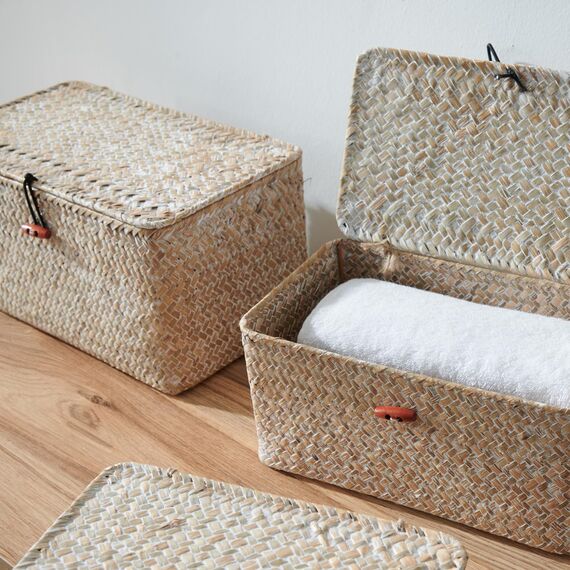 Seegras Aufbewahrungskorb mit Deckel, 4er Set – Rechteckige geflochtene Körbe aus Naturmaterial, Aufbewahrungsboxen in Weiß, dekorative Rattanstil Körbe