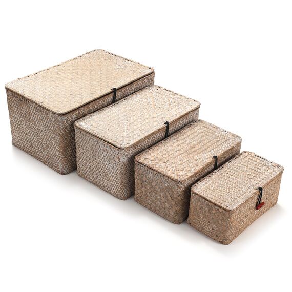 Seegras Aufbewahrungskorb mit Deckel, 4er Set – Rechteckige geflochtene Körbe aus Naturmaterial, Aufbewahrungsboxen in Weiß, dekorative Rattanstil Körbe