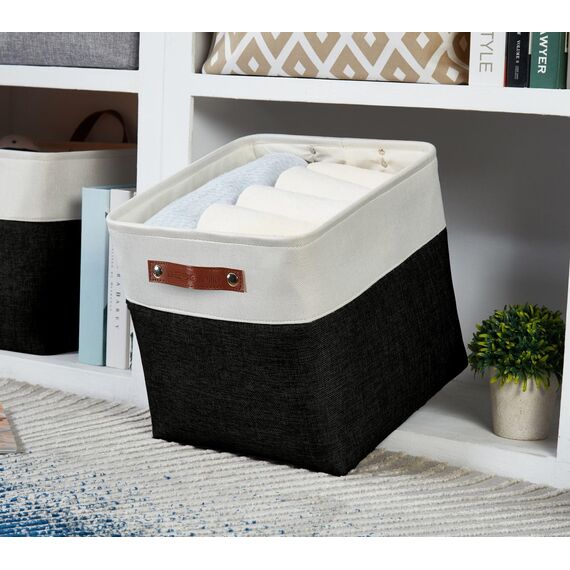 DECOMOMO Faltbarer Aufbewahrungskorb | stabiler kationischer Stoff-Aufbewahrungskorb mit Griffen für die Organisation von Regal, Kinderzimmer, Zuhause, Schrank (schwarz und weiß, Würfel – 11 x 11–4