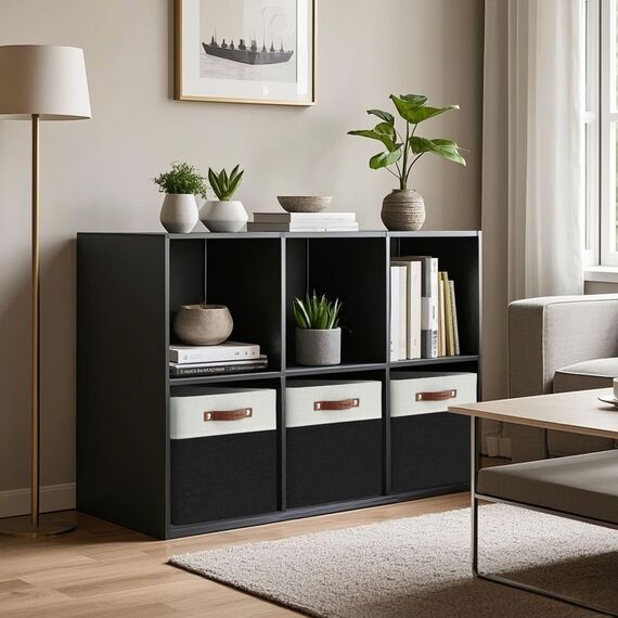 DECOMOMO Cubby Aufbewahrungskörbe | Stoff-Aufbewahrungswürfel für Kallax-Regale, Stoff Kinderzimmer dekorativ mit Griffen (Schwarz und Weiß, Kallax - 38,1 cm L X 33 cm B X 33 cm H - 3 Stück)