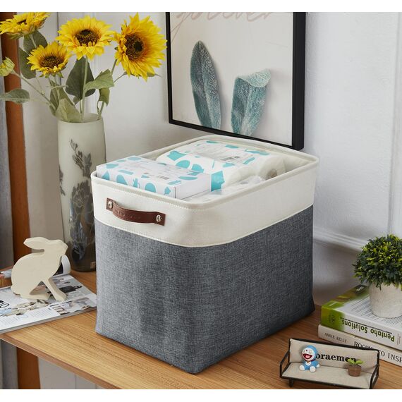 DECOMOMO Faltbarer Aufbewahrungskorb | stabiler kationischer Stoff-Aufbewahrungskorb mit Griffen für die Organisation von Regal, Kinderzimmer, Zuhause, Schrank (schiefergrau und weiß, Jumbo) – 3 Stück