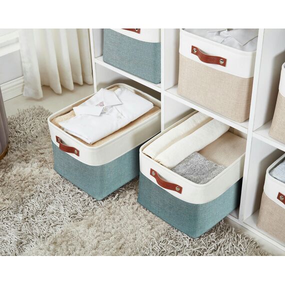 DECOMOMO Faltbarer Aufbewahrungskorb | Stabiler kationischer Stoff-Aufbewahrungskorb mit Griffen für die Organisation von Regal, Kinderzimmer, Zuhause, Schrank, Büro (grün und weiß, groß–3 Stück)