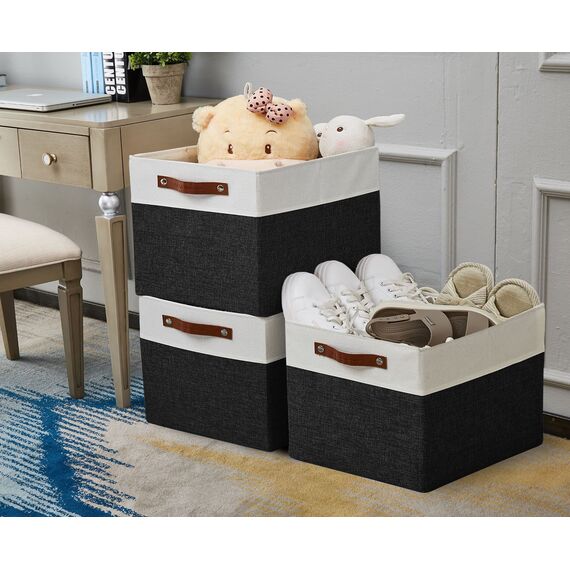 DECOMOMO Cubby Aufbewahrungskörbe | Stoff-Aufbewahrungswürfel für Kallax-Regale, Stoff Kinderzimmer dekorativ mit Griffen (Schwarz und Weiß, Kallax - 38,1 cm L X 33 cm B X 33 cm H - 3 Stück)