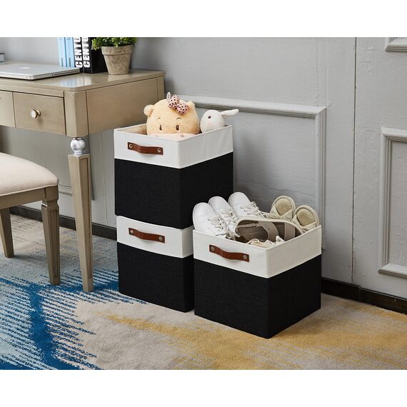 DECOMOMO Faltbarer Aufbewahrungskorb Stabiler kationischer Stoff-Aufbewahrungskorb mit Griffen für die Organisation von Regalen, Kinderzimmer (Schwarz and Weiß, 33cm – 4 Stück)