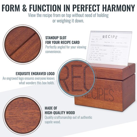 Apace Living Rezeptbox Holz mit blanko Rezeptkarten und Trennkarten – Sapeli Rezeptkiste für die Aufbewahrung Ihrer Rezepte – Exklusiver Rezeptordner Rezeptkasten für bis zu 240 Karten