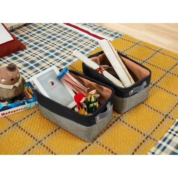 DECOMOMO Kleine Körbe, Aufbewahrungskörbe für die Organisation von Regalen, Wäscheschrank, Badezimmer, Babysachen, Kinderzimmer, Stoff, dekorative leere Körbe für Geschenke, Grau und Schwarz, Klein,