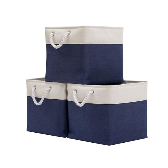 DECOMOMO faltbare Aufbewahrungskorb | robuster Stoffkorb mit Griffen für die Organisation von Regal, Kinderzimmer, Spielzeug, Schran ( Marineblau und Weiß, 33cm - 3er Pack)