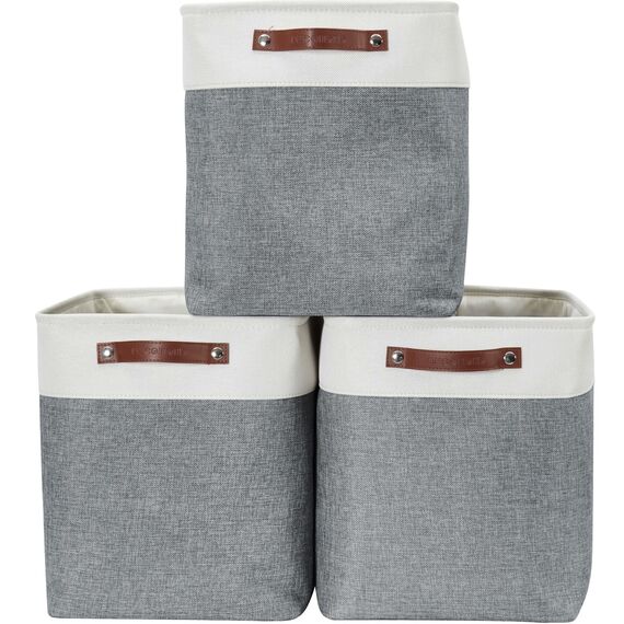 DECOMOMO Faltbarer Aufbewahrungskorb | stabiler kationischer Stoff-Aufbewahrungskorb mit Griffen für die Organisation von Regal, Kinderzimmer, Zuhause, Schrank (schiefergrau und weiß, Jumbo) – 3 Stück