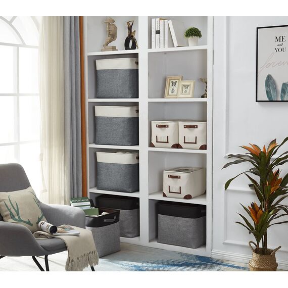 DECOMOMO Faltbarer Aufbewahrungskorb | stabiler kationischer Stoff-Aufbewahrungskorb mit Griffen für die Organisation von Regal, Kinderzimmer, Zuhause, Schrank (schiefergrau und weiß, Jumbo) – 3 Stück