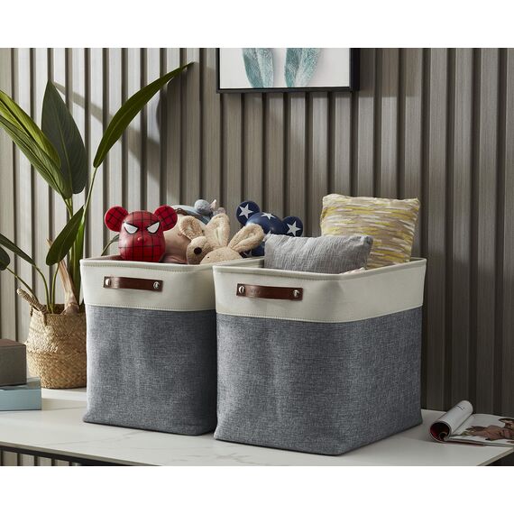 DECOMOMO Faltbarer Aufbewahrungskorb | stabiler kationischer Stoff-Aufbewahrungskorb mit Griffen für die Organisation von Regal, Kinderzimmer, Zuhause, Schrank (schiefergrau und weiß, Jumbo) – 3 Stück