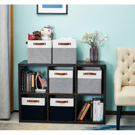 DECOMOMO Faltbarer Aufbewahrungskorb Stabiler kationischer Stoff-Aufbewahrungskorb mit Griffen für die Organisation von Regalen, Kinderzimmer (Schwarz and Weiß, 33cm – 4 Stück)