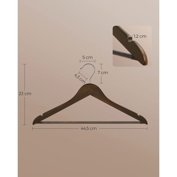 SONGMICS Kleiderbügel Holz, 10er Set, Bügel aus Massivholz, Einkerbungen im Schulterbereich, Rutschfester Hosensteg, um 360° drehbarer Haken, für Anzüge, Hemden, dunkelwalnussfarben-silbern CRW001V01