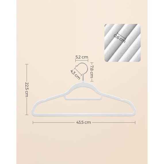 SONGMICS Kleiderbügel Samt, 50er Set, Bügel, rutschfest, kleine Stange für Krawatten, 360° drehbarer Haken, 0,6 cm dick, platzsparend, 43,5 cm lang, für Mäntel, Hosen, Silber-Weiß CRF020W02