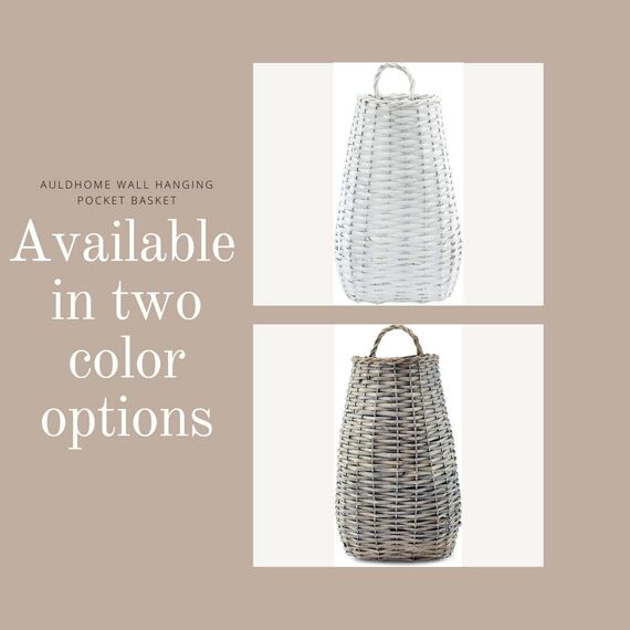 AuldHome Hängekörbe für die Wand (2er-Set, grau); gewebtes Weidengeflecht, rustikal, Bauernhaus, grau, gewaschene Türkörbe, klein und mittelgroß