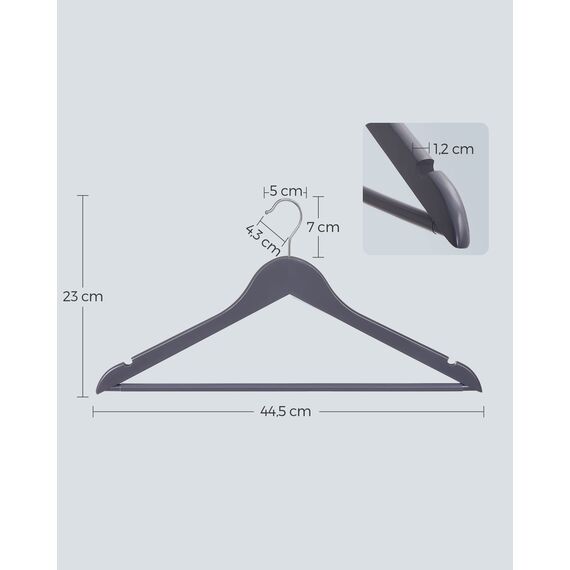 SONGMICS Kleiderbügel Holz, 20er Set, Bügel aus Massivholz, Einkerbungen im Schulterbereich, Rutschfester Hosensteg, um 360° drehbarer Haken, für Anzüge, Hemden, grau-silbern CRW001G01