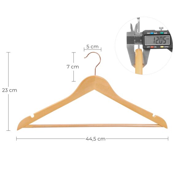SONGMICS Kleiderbügel Holz, 20er Set, Bügel aus Massivholz, Einkerbungen im Schulterbereich, Rutschfester Hosensteg, um 360° drehbarer Haken, für Anzüge, Hemden, Holzfarben und Roségold CRW001N01