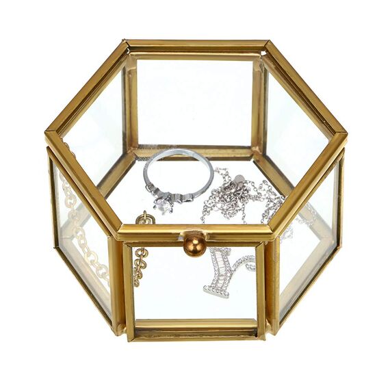 Hipiwe Vintage-Schmuckschatulle aus Glas – Goldene geometrische Schmuck-Display-Organizer, Andenken-Box, dekorative Box für Zuhause, zur Aufbewahrung von Schmuckstücken, Ringen, Ohrringen (klein)