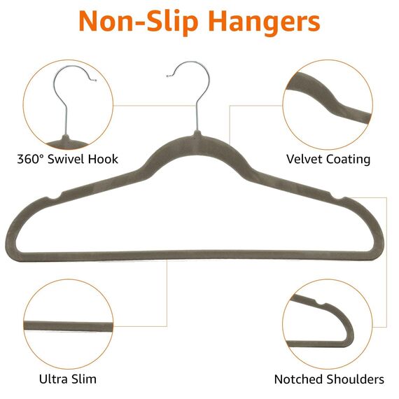 Amazon Basics Kleiderbügel aus Samt für Anzüge, grau, schmal, rutschfest, 50er-Pack