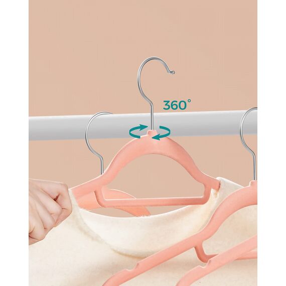 SONGMICS Kleiderbügel Samt, 20er Set, Bügel, rutschfest, kleine Stange für Krawatten, 360° drehbarer Haken, 0,6 cm dick, platzsparend, 43,5 cm lang, für Mäntel, Hosen, Silber-Hellrosa CRF20PK