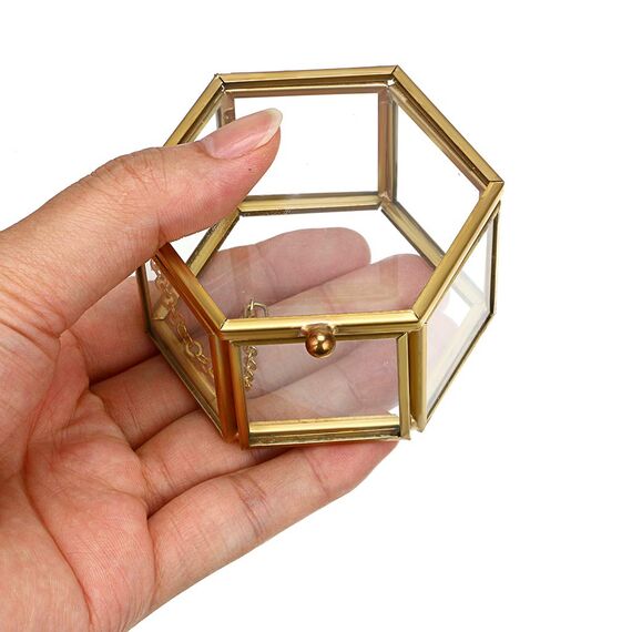 Hipiwe Vintage-Schmuckschatulle aus Glas – Goldene geometrische Schmuck-Display-Organizer, Andenken-Box, dekorative Box für Zuhause, zur Aufbewahrung von Schmuckstücken, Ringen, Ohrringen (klein)