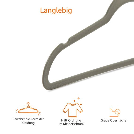 Amazon Basics Schmale und Rutschfeste Kleiderbügel für Hemden/Anzug/Kostüm, 30er-Packung, Grau