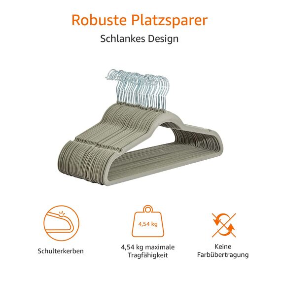 Amazon Basics Schmale und Rutschfeste Kleiderbügel für Hemden/Anzug/Kostüm, 30er-Packung, Grau