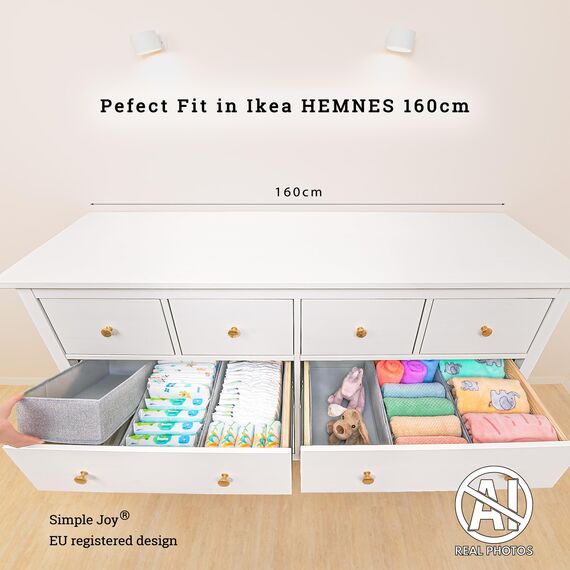 SIMPLE JOY® HEMNES DOUBLE FileFolding Box für ikea HEMNES 160cm Doppelkommode; Schadstoffgeprüft, DAS ORIGINAL; passgenau; Schubladen Ordnungssystem sicher für Babykleidung, Wickelbedarf; 6er Set