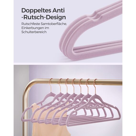 SONGMICS Kleiderbügel Samt, 50er Set, Bügel, rutschfest, kleine Stange für Krawatten, 360° drehbarer Haken, 0,6 cm dick, platzsparend, 43,5 cm lang, für Mäntel, Hosen, Roségold-Zartlila CRF021GP50