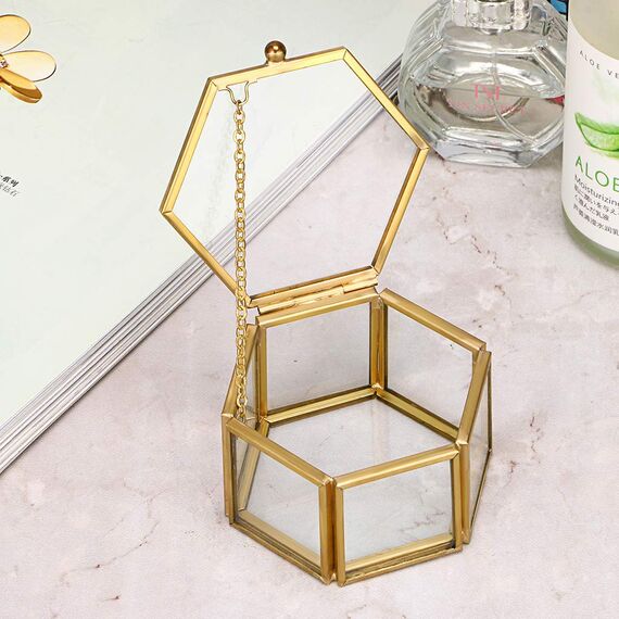 Hipiwe Vintage-Schmuckschatulle aus Glas – Goldene geometrische Schmuck-Display-Organizer, Andenken-Box, dekorative Box für Zuhause, zur Aufbewahrung von Schmuckstücken, Ringen, Ohrringen (klein)